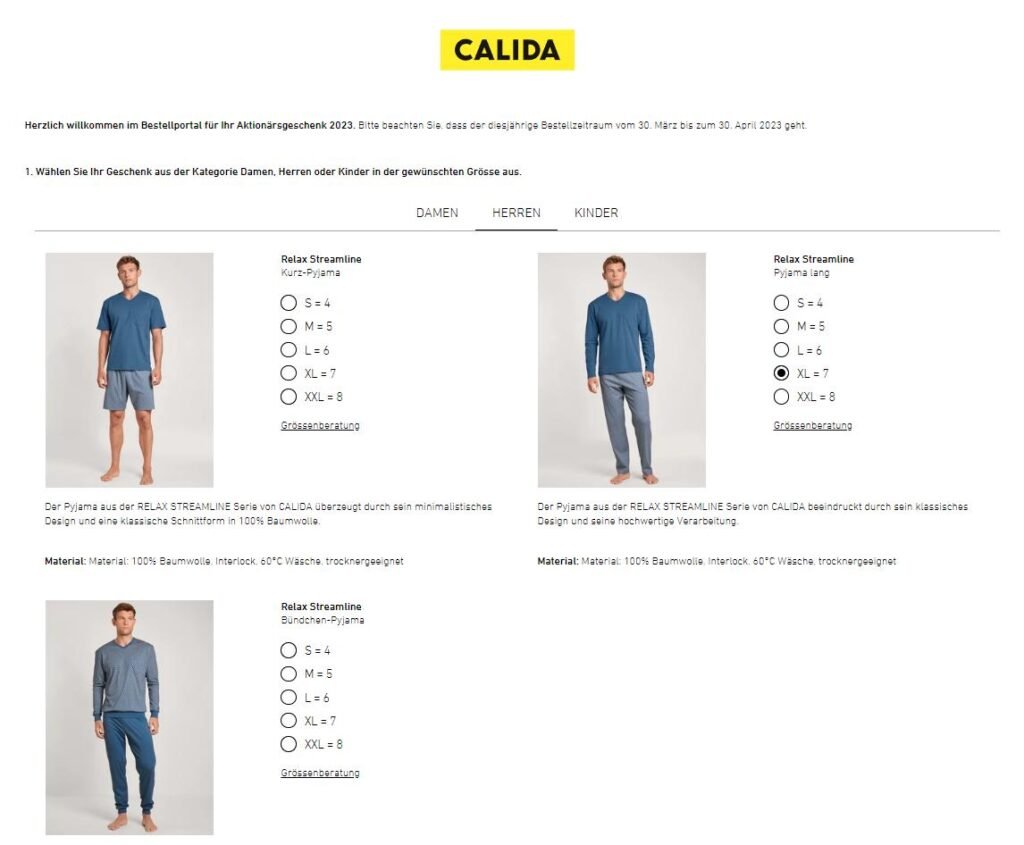 Calida Aktionärsgeschenk Webseite
