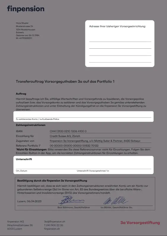 Finpension 3a Transferformular Rabattcode: INVEST
