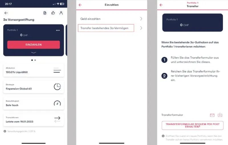 Säule 3a zu Finpension transferieren die Anleitung App Ansicht Rabattcode: INVEST