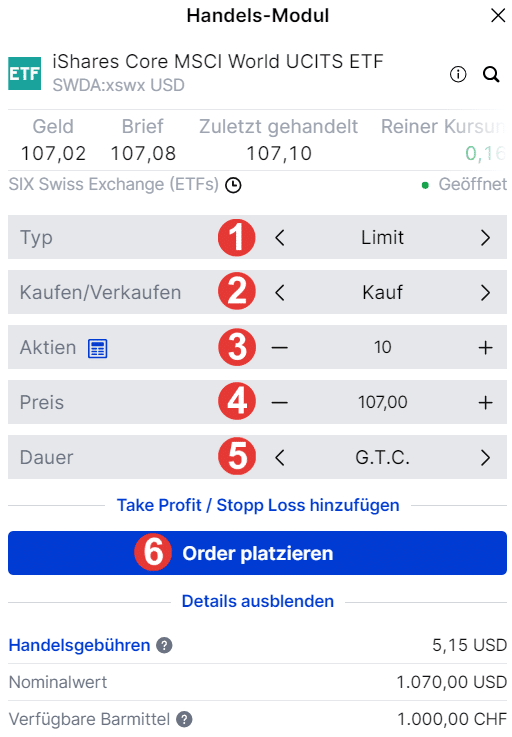Saxo ETF kaufen Anleitung - Einstellungen des Saxo Handels Modul 
fundflow.blog